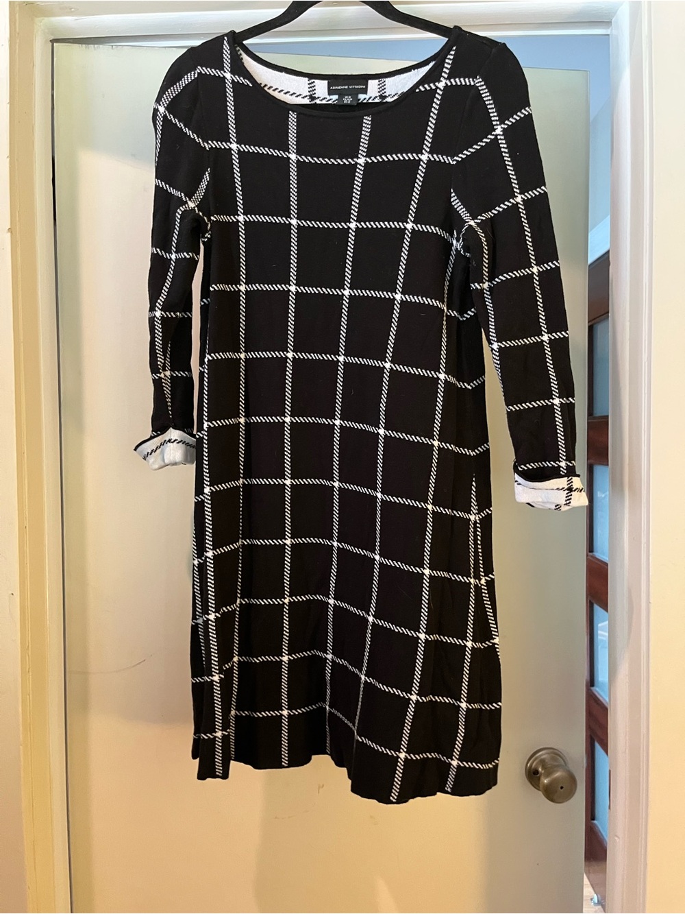 Adrienne Vittadini Black and White Windowpane Long Sleeve Shift Dress